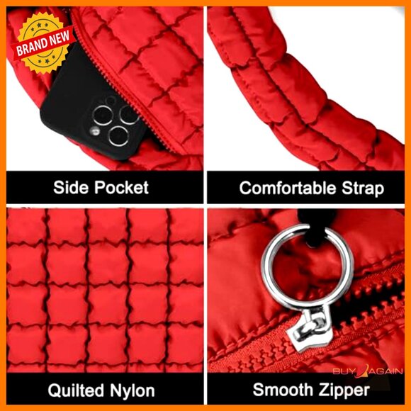 Large Quilted Puffer Tote Bag with Crossbody Strap Lightweight Carryall